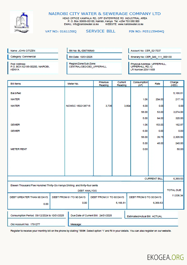 Kenya Nairobi City Water and Sewerage Company utility bill template in Word and PDF formats